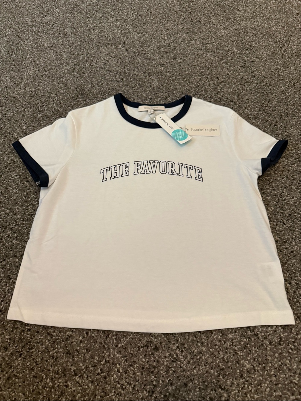 Favorite Daughter White Tee with Navy Trim and 'THE FAVORITE' Graphic